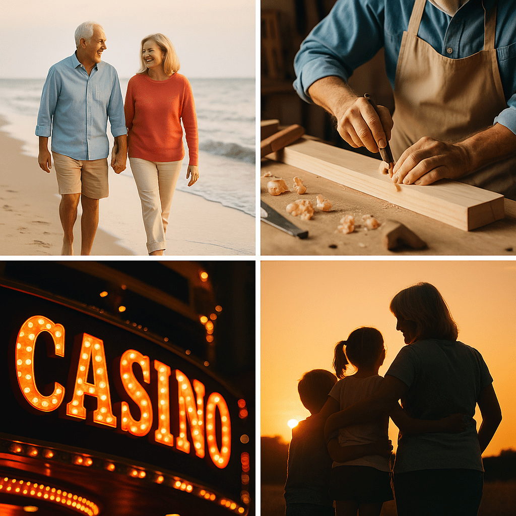 A horizontal collage showing four scenes of retirement lifestyle activities: a senior couple walking on a beach at sunset, a man woodworking in his shop, a brightly lit casino sign, and a grandmother hugging her two grandchildren at dusk.