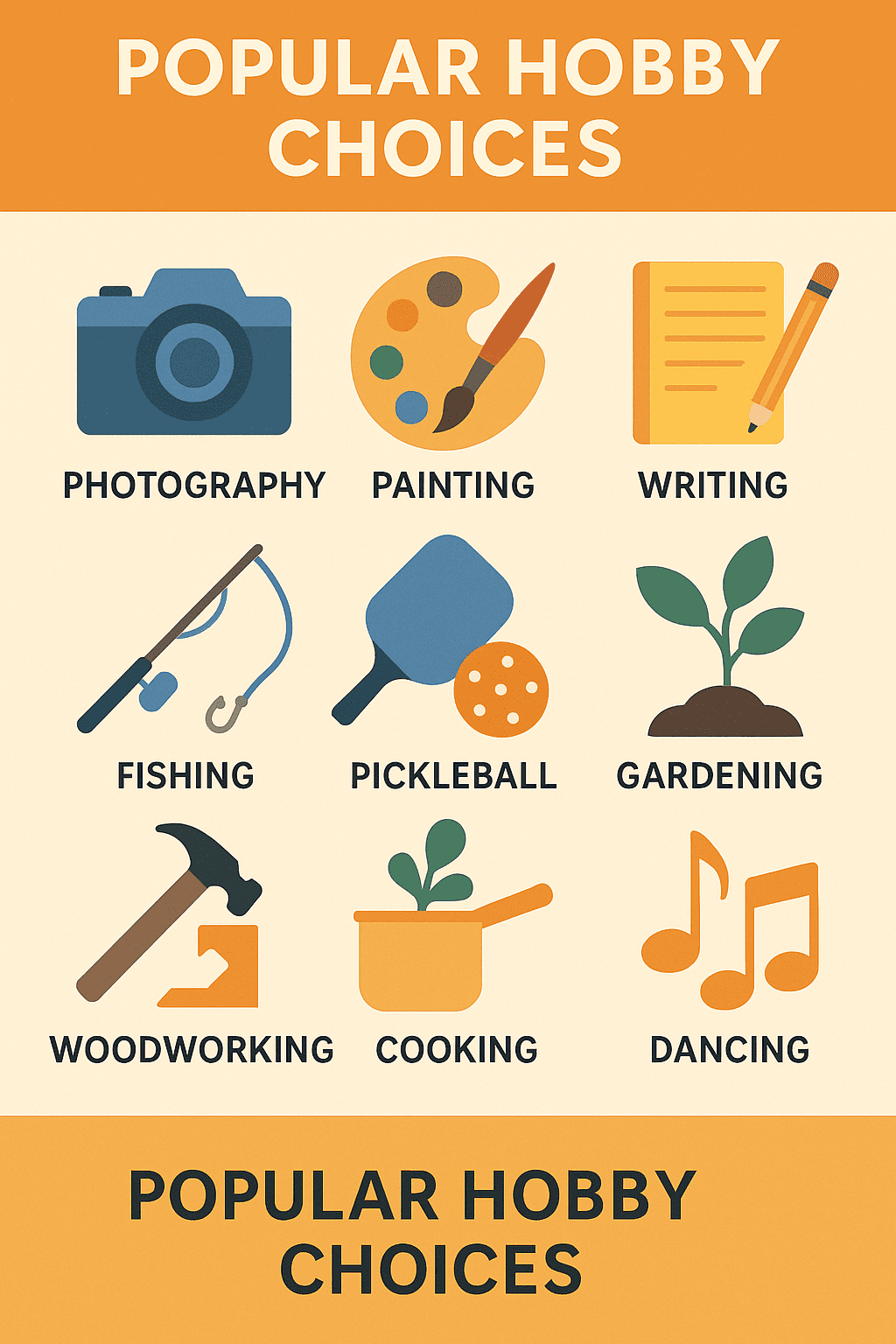 Infographic showing nine popular retirement hobbies with simple icons, including photography, painting, writing, fishing, pickleball, gardening, woodworking, cooking, and dancing.