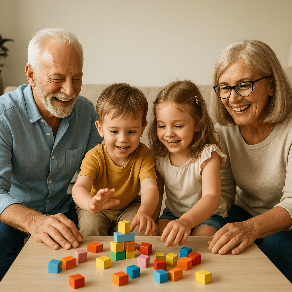 Grandparents sitting on the floor of a cozy living room playing with colorful wooden blocks alongside a smiling three-year-old boy and a four-year-old girl.
