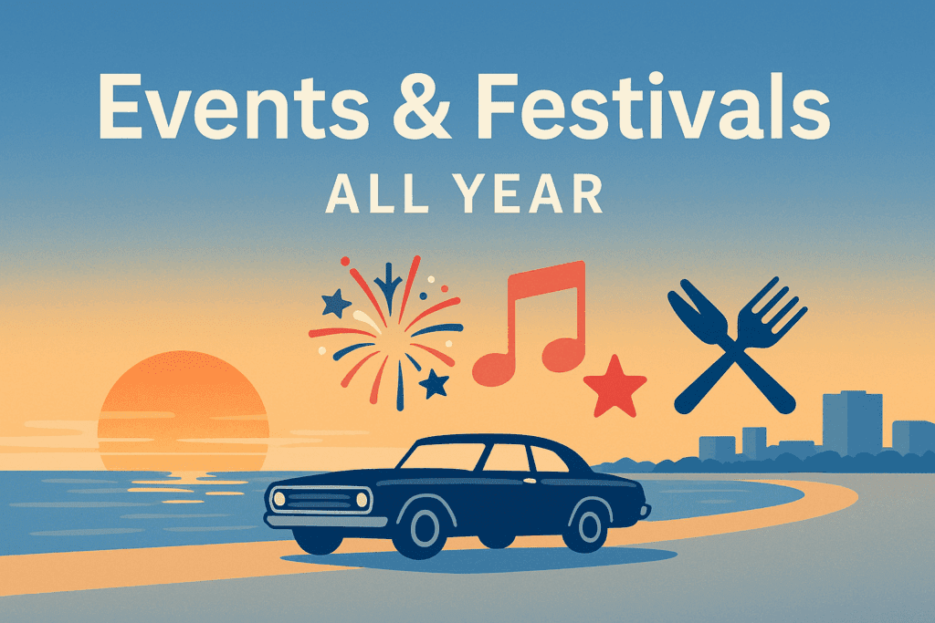 Illustrated Mississippi Gulf Coast scene showing a sunset beach, classic car, fireworks, music note, and dining icons with the title “Events & Festivals All Year,” representing year-round coastal events and celebrations.
