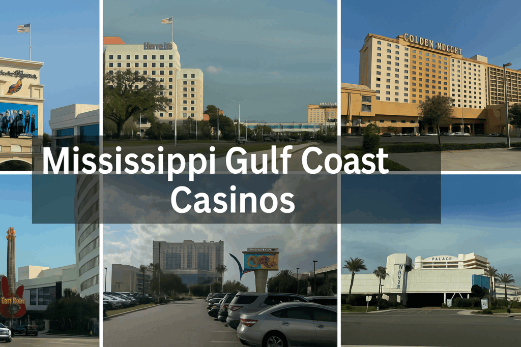 Collage of Mississippi Gulf Coast casinos including the Beau Rivage, Harrah’s, Golden Nugget, Hard Rock, Island View, Treasure Bay, and Palace Casino, with the title “Mississippi Gulf Coast Casinos” across the center.
