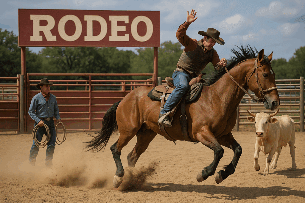 Photorealistic image of a cowboy riding a bucking horse during a rodeo event, with dust flying, a large “RODEO” sign in the background, and another cowboy and a calf standing nearby in the arena.