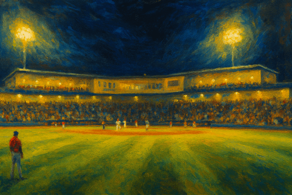 Artistic painting of a nighttime baseball game showing a brightly lit stadium, a large crowd in the stands, players on the field, and dramatic lighting illuminating the deep blue sky.