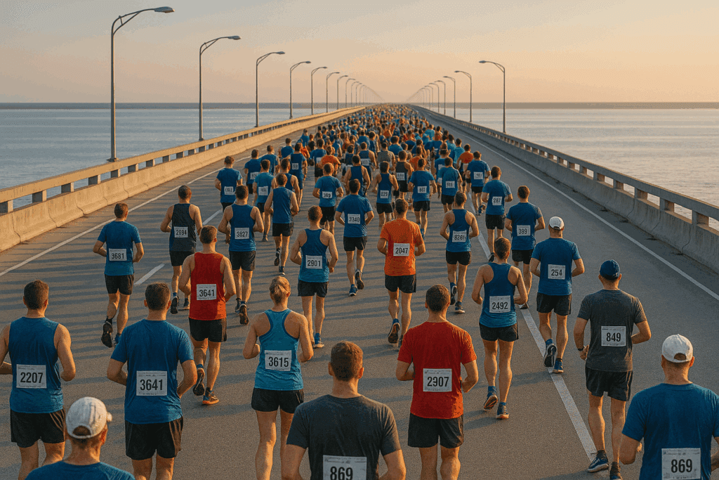 Photorealistic image of a large group of marathon runners crossing a long bridge over the water at sunrise, running in two narrow lanes with race numbers on their backs and streetlights lining both sides of the brid