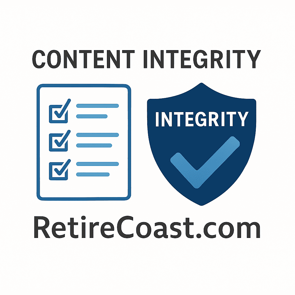 Editorial standards and disclosures graphic for RetireCoast.com featuring a checklist and integrity shield.