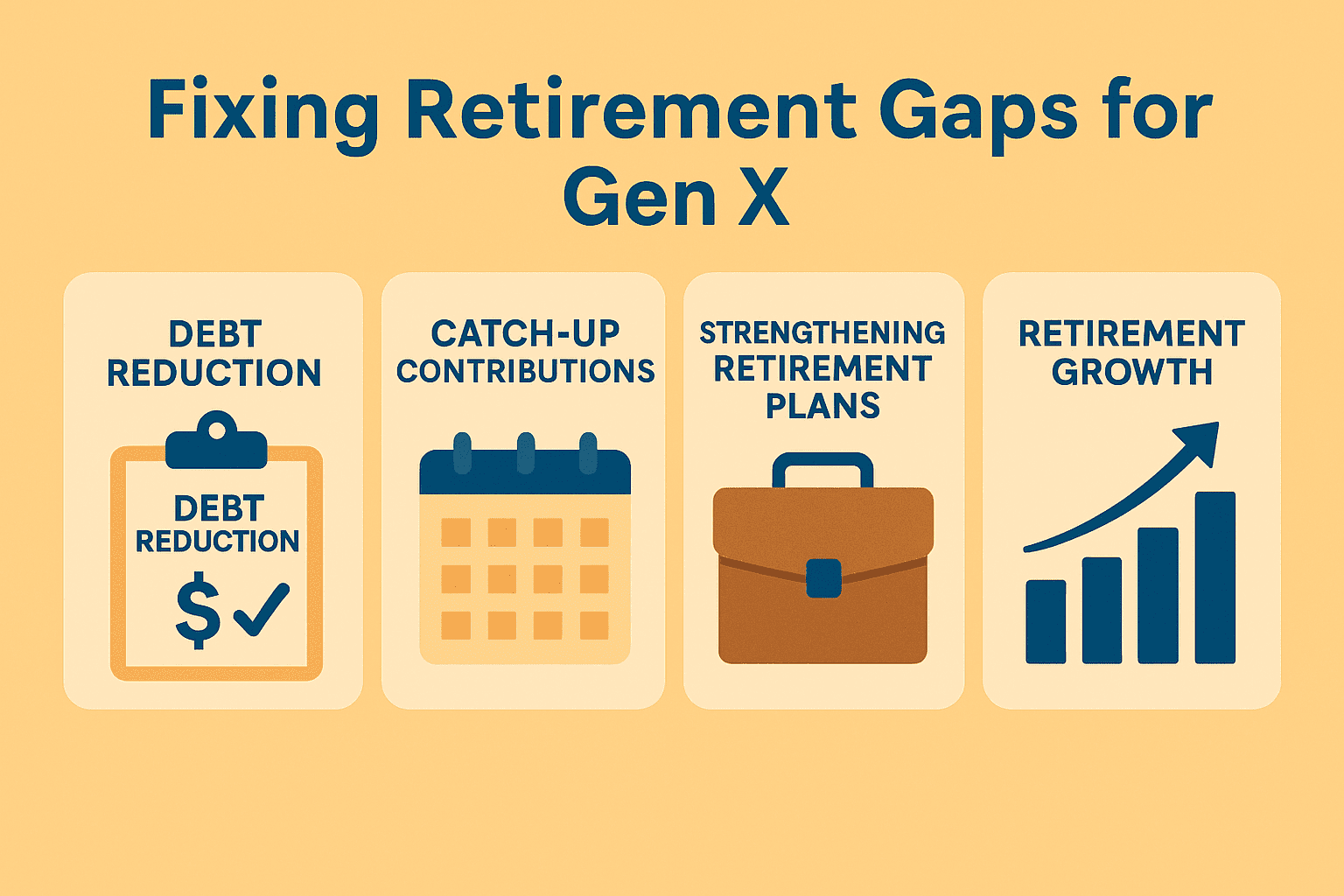 Featured image titled “Fixing Retirement Gaps for Gen X,” showing four key strategies—debt reduction, catch-up contributions, strengthening retirement plans, and retirement growth. Designed in a clean flat-style layout with icons of a clipboard, calendar, briefcase, and rising bar chart on a soft gold background.