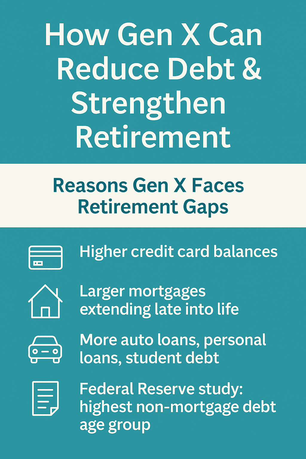 Infographic titled “How Gen X Can Reduce Debt and Strengthen Retirement,” showing key reasons Gen X faces retirement gaps, including higher credit card balances, larger mortgages extending into later life, increased auto loans and personal loans, and Federal Reserve data indicating Gen X has the highest non-mortgage debt of any age group. Teal background with simple line icons for credit cards, house, car, and document.