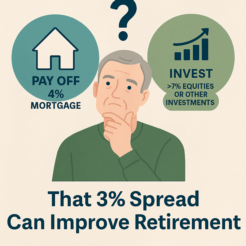 Infographic showing a senior man deciding whether to pay off a 4% mortgage or invest the money in equities earning 7% or more. The image highlights the potential 3% return spread and how choosing investment over early mortgage payoff can improve retirement outcomes.