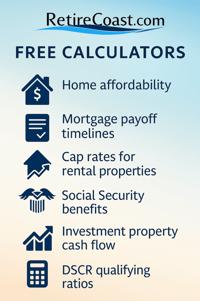nfographic from RetireCoast.com showing six free financial calculators with icons for home affordability, mortgage payoff timelines, cap rates for rental properties, Social Security benefits, investment property cash flow, and DSCR qualifying ratios, displayed in a coastal blue Pinterest-style design