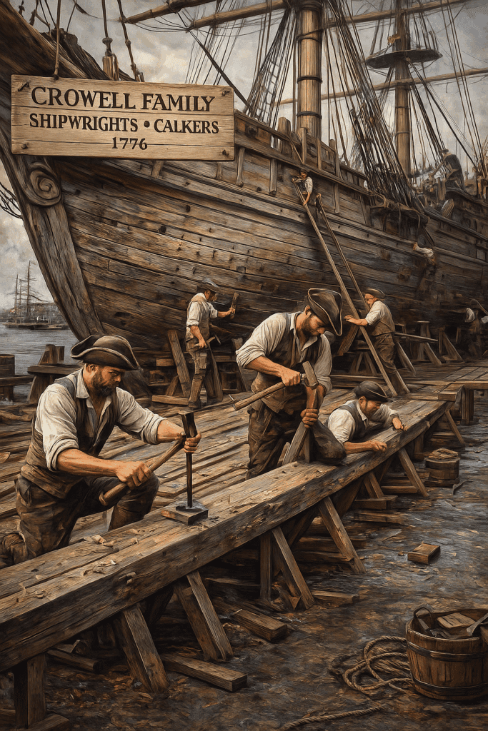 A traditional oil-painting–style scene of the Crowell family shipwrights and caulkers working on a large wooden ship in dry dock in 1776, with timber scaffolding, tools, and workers repairing the hull.