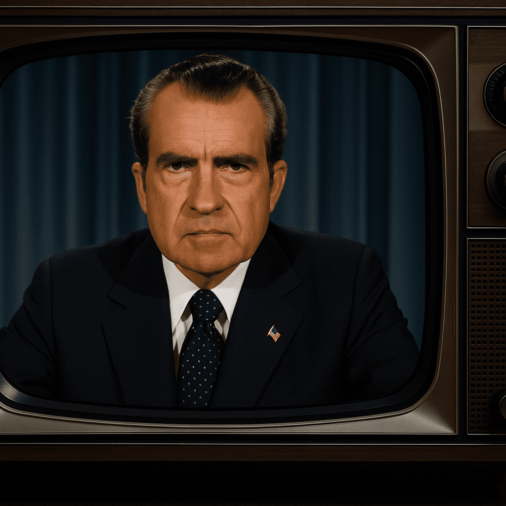 Photorealistic image of President Richard Nixon appearing on a vintage 1970s television screen during a televised address, with a wood-framed TV, dial controls, and Nixon shown in a dark suit against a blue curtain backdrop.
