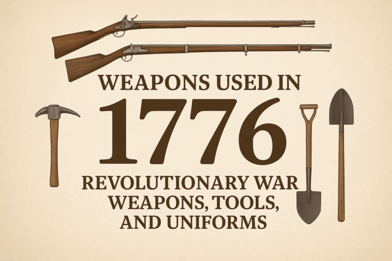 Featured image for ‘Weapons Used in 1776’ showing illustrations of an American long rifle, a British Brown Bess musket, and Revolutionary War field tools including a pickaxe, shovel, and spade, arranged around the title on a parchment-style background.