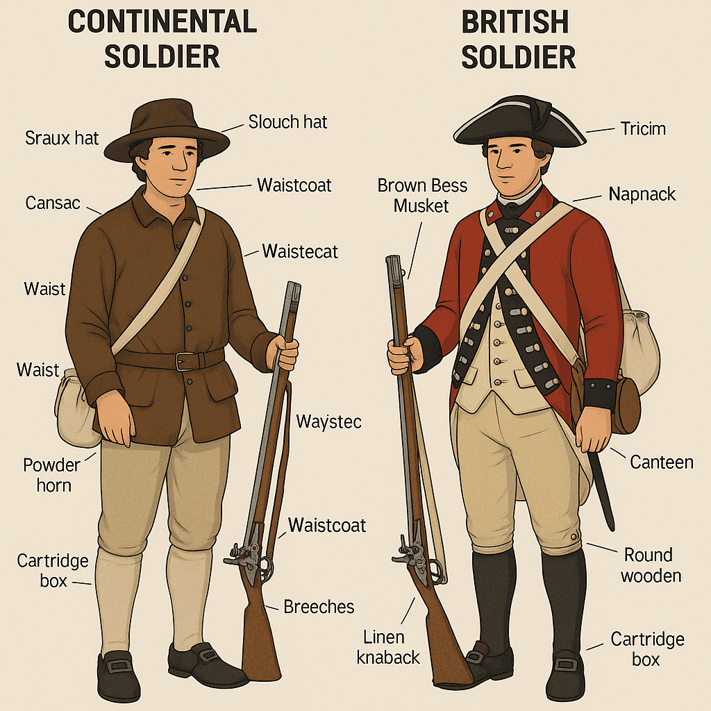 Infographic of weapons used in 1776 showing a Continental soldier dressed like a farmer with a long rifle beside a British Redcoat with a Brown Bess musket, labeled uniforms and gear.