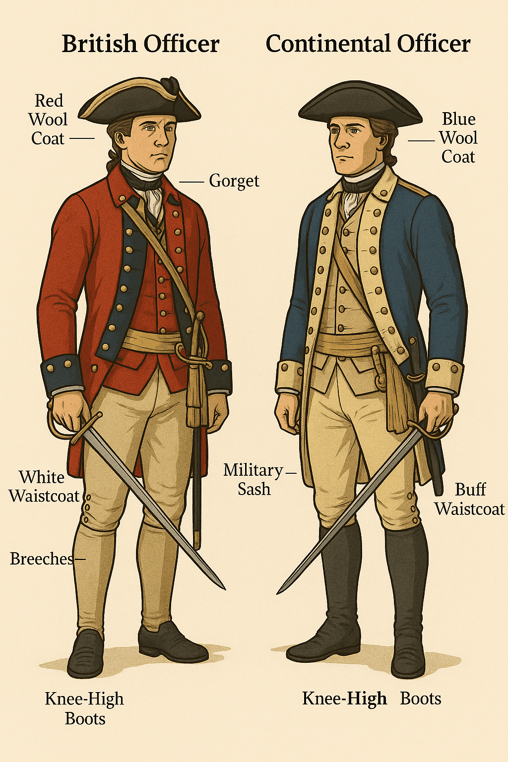 Side-by-side infographic of a British officer and a Continental officer in Revolutionary War uniforms, each holding a sword and wearing period-correct coats, waistcoats, and boots.