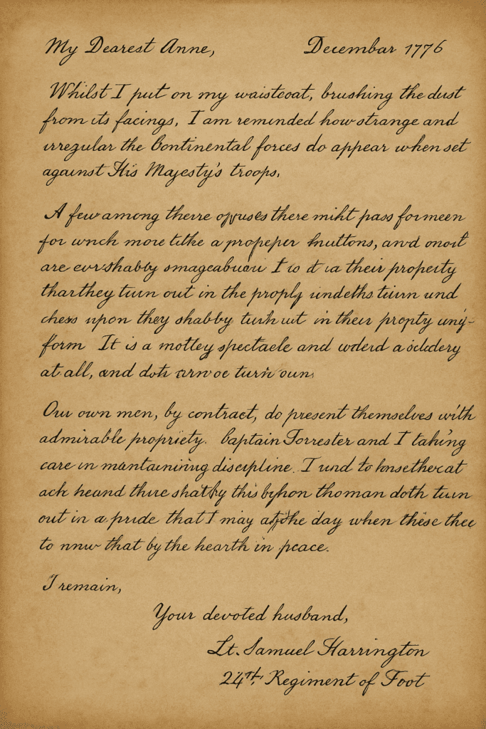 Aged parchment paper displaying a handwritten 1776-style letter from British officer Lt. Samuel Harrington to his wife. The letter describes his polished redcoat uniform, contrasts it with the shabby clothing of Continental soldiers, and ends with a warm farewell. Script appears in brown ink with weathered edges on the parchment background