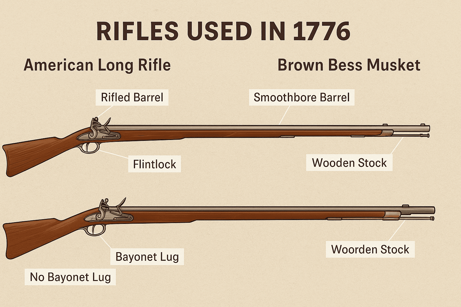 Infographic comparing weapons used in 1776, showing the American long rifle with a rifled barrel and the British Brown Bess musket with a smoothbore barrel and bayonet lug.