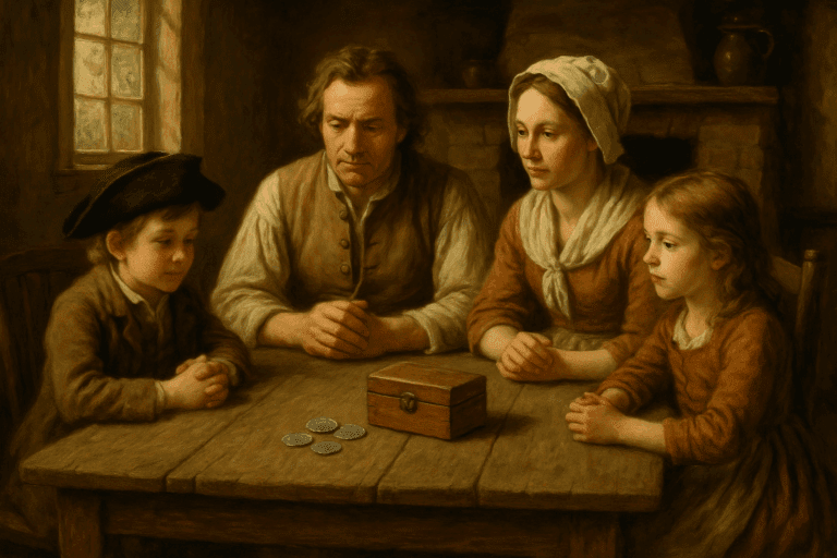 A colonial American family seated at a rustic farmhouse table in 1776, with several silver coins and a small wooden lockbox placed in front of them.