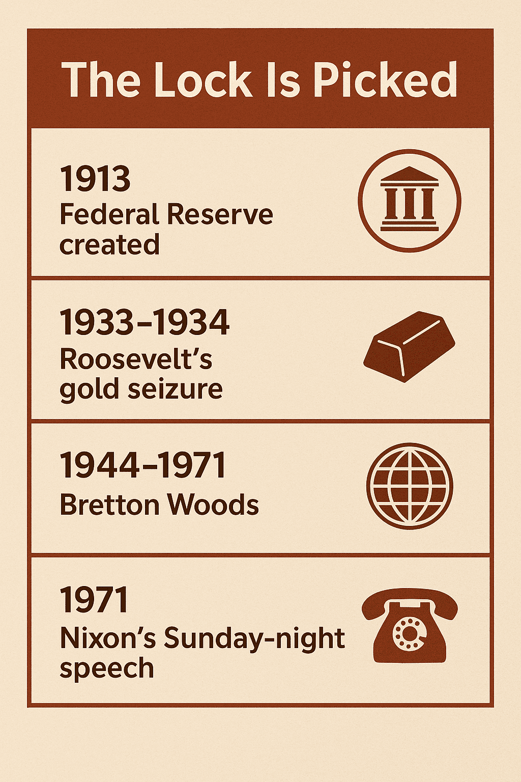 Infographic titled “The Lock Is Picked,” showing four key monetary events: 1913 Federal Reserve created, 1933–1934 Roosevelt’s gold seizure, 1944–1971 Bretton Woods, and 1971 Nixon’s Sunday-night speech, each paired with simple brown icons on a beige background.