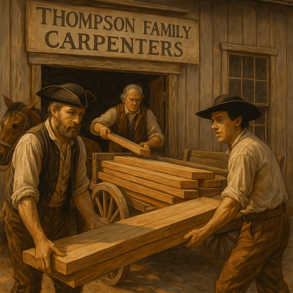 A traditional-style painting of three Thompson Family carpenters loading lumber onto a horse-drawn wagon outside their workshop, with a sign reading “Thompson Family Carpenters” above the door.