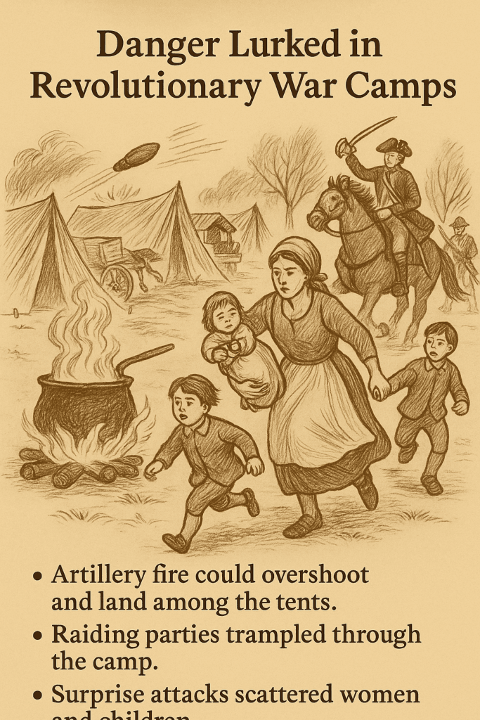 Sepia-toned illustration showing a woman and three children fleeing through a Revolutionary War camp as artillery fire and raiding soldiers on horseback strike the tents, highlighting the dangers camp followers faced.
