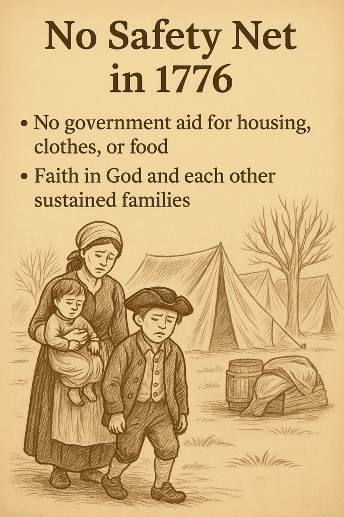 Sepia-toned illustration of a weary mother carrying a small child and walking beside her older son through a Revolutionary War camp, highlighting that families in 1776 had no government safety net and survived through faith and mutual support.