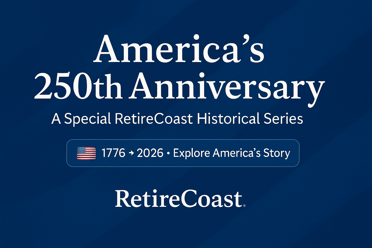 RetireCoast banner for America’s 250th Anniversary historical series featuring 1776–2026 theme graphics.