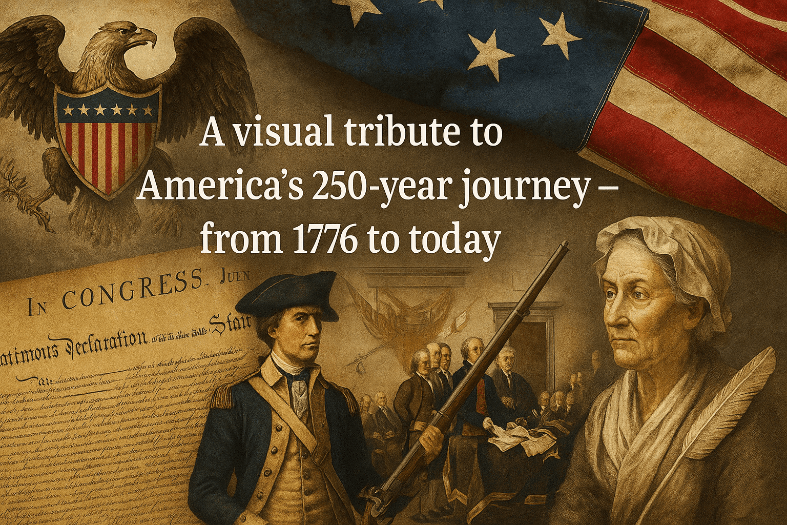 Historical collage showing Revolutionary War soldiers, early American figures, the American eagle, and the U.S. flag celebrating America’s 250th Anniversary