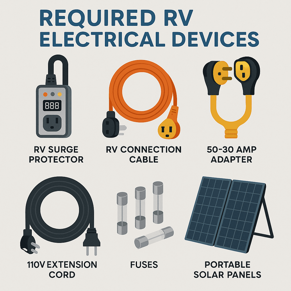 Infographic showing six required RV electrical devices with labeled illustrations: an RV surge protector, orange RV connection cable, yellow 50–30 amp adapter, black 110V extension cord, silver fuses, and a set of portable solar panels on a stand, arranged neatly with bold blue title text.