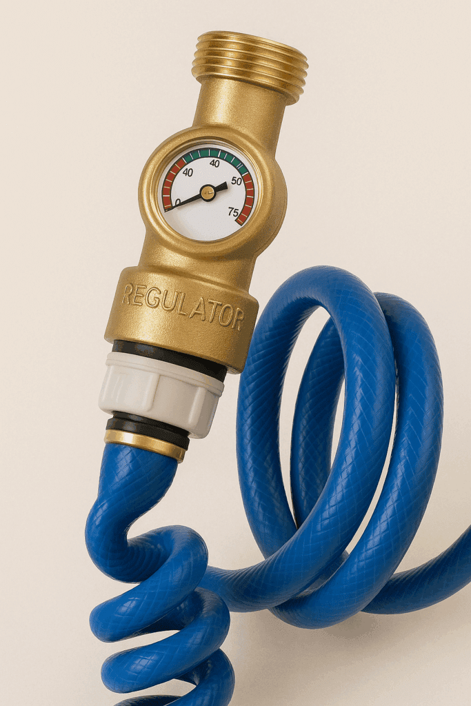 Close-up image of a blue RV water hose with a brass water pressure regulator twisted onto the end, featuring a pressure gauge with colored zones and the word “REGULATOR” engraved on the body, set against a neutral background.