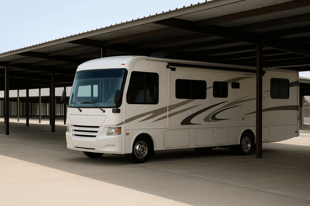 A large beige and white Class A motorhome parked under a metal-roofed RV storage facility with steel supports and a concrete surface, shown on a sunny day with clear skies.