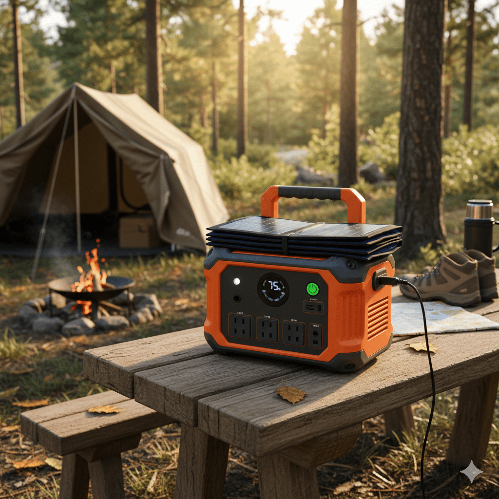 solar generator produces 110v current from batteries charged by solar panels