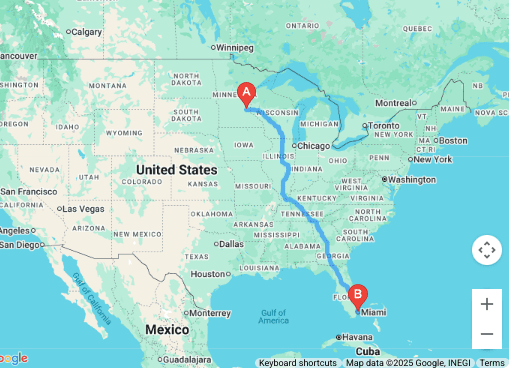 map of the United States with a route from Minnesota to Miami Florida