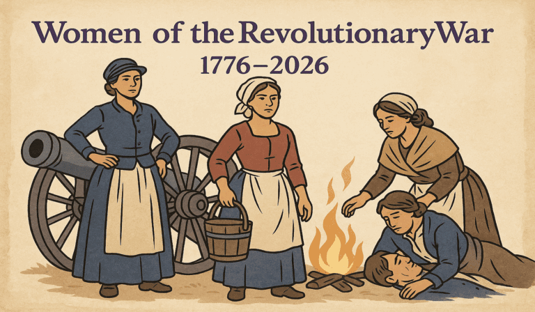 Illustration of women of the Revolutionary War, including a woman at a cannon, a camp follower carrying a water bucket, and another tending to a wounded soldier beside a campfire, set against a parchment-style background.