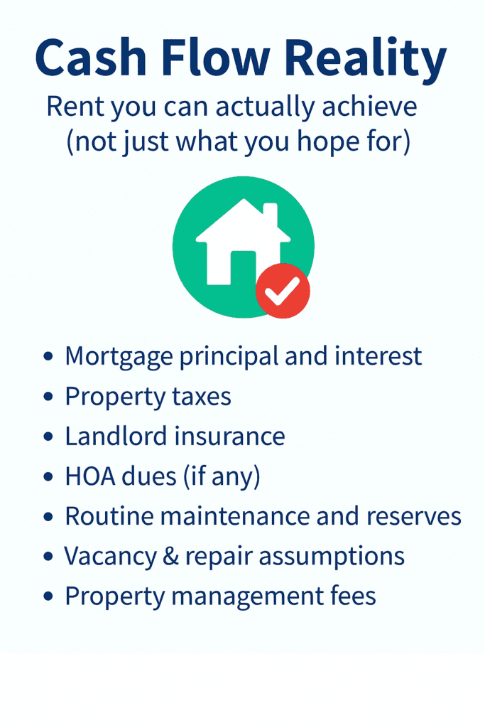 Cash flow reality infographic showing real rental income versus expenses including mortgage, taxes, insurance, maintenance, vacancy, and property management fees