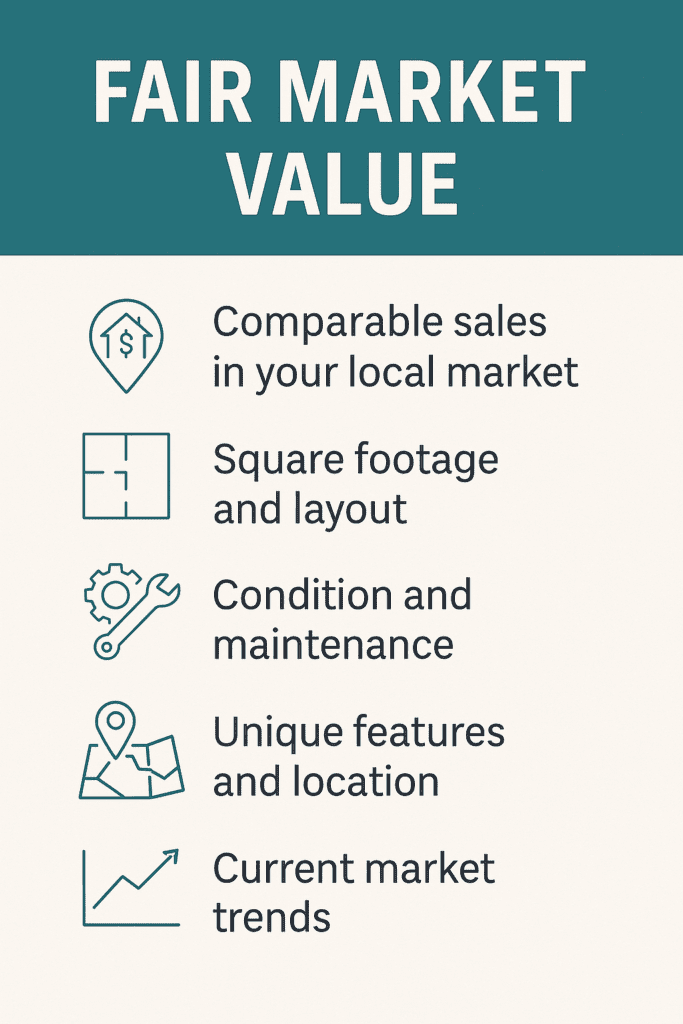 Infographic explaining fair market value factors including comparable sales, square footage and layout, property condition and maintenance, unique features and location, and current market trends.