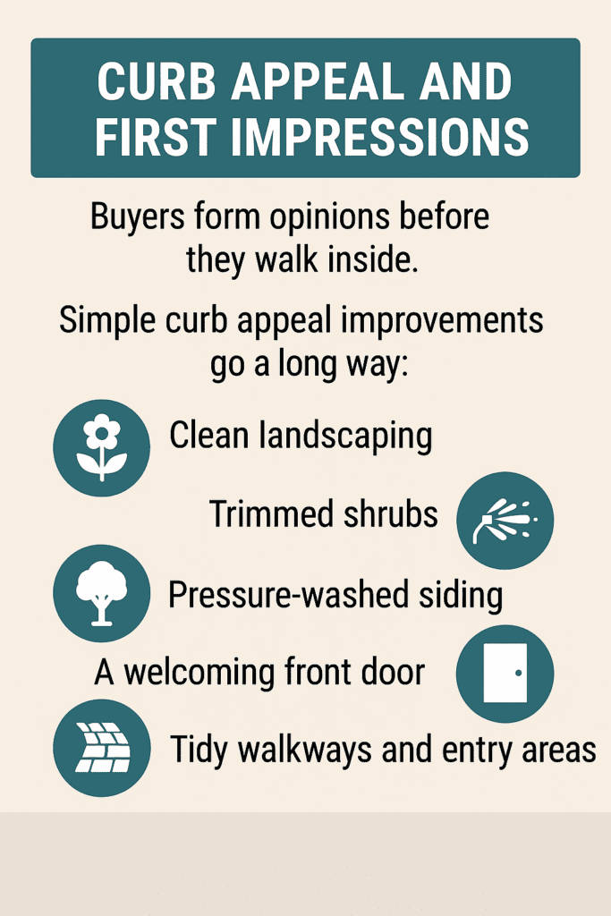 Infographic showing curb appeal and first impression improvements for home sellers, including clean landscaping, trimmed shrubs, pressure-washed siding, a welcoming front door, and tidy walkways.