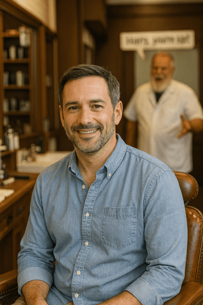harry at a barber shop after relocating