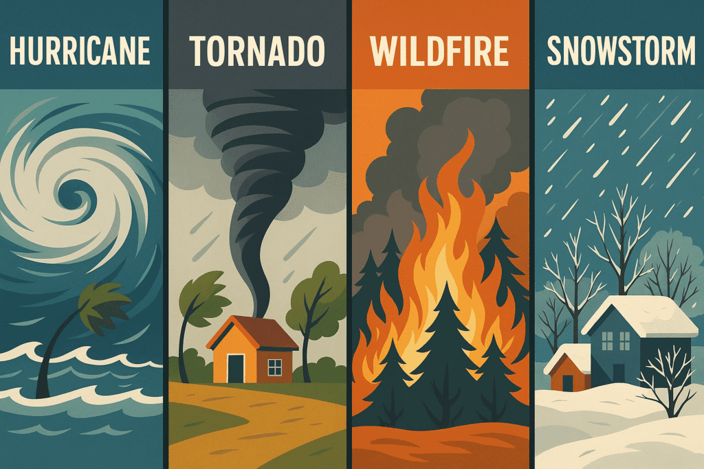 infographic showing various climate problems from hurricanes to snow storms