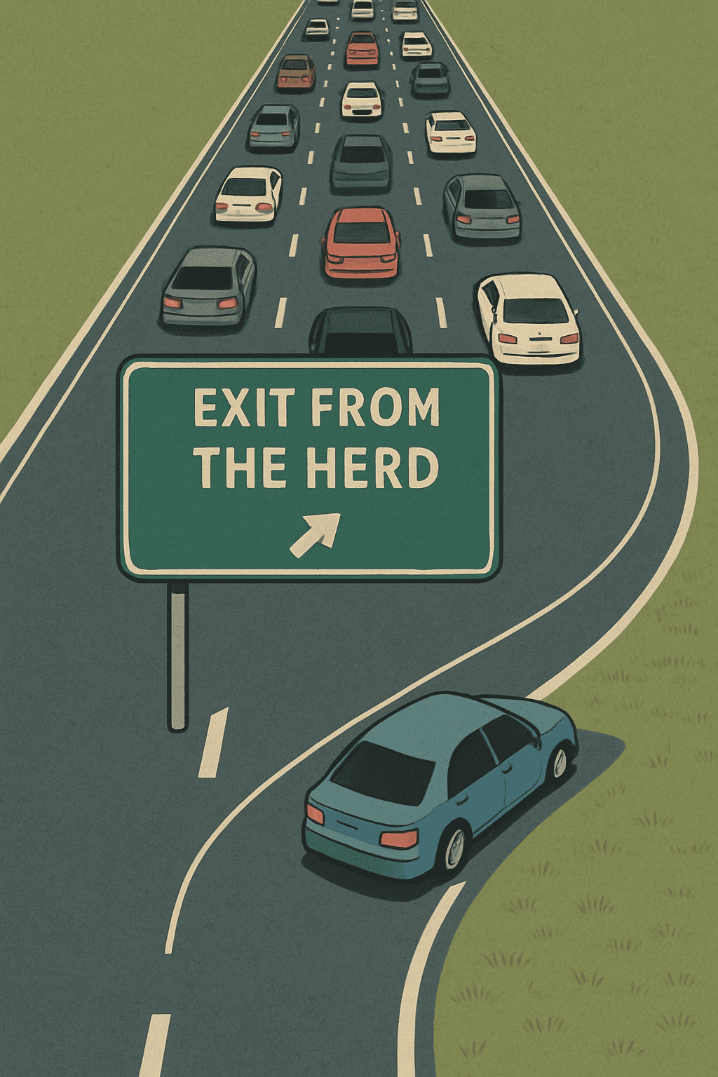 Illustration of heavy highway traffic viewed from above, with one car taking an off-ramp marked “Exit From the Herd,” symbolizing choosing a different path when relocating.