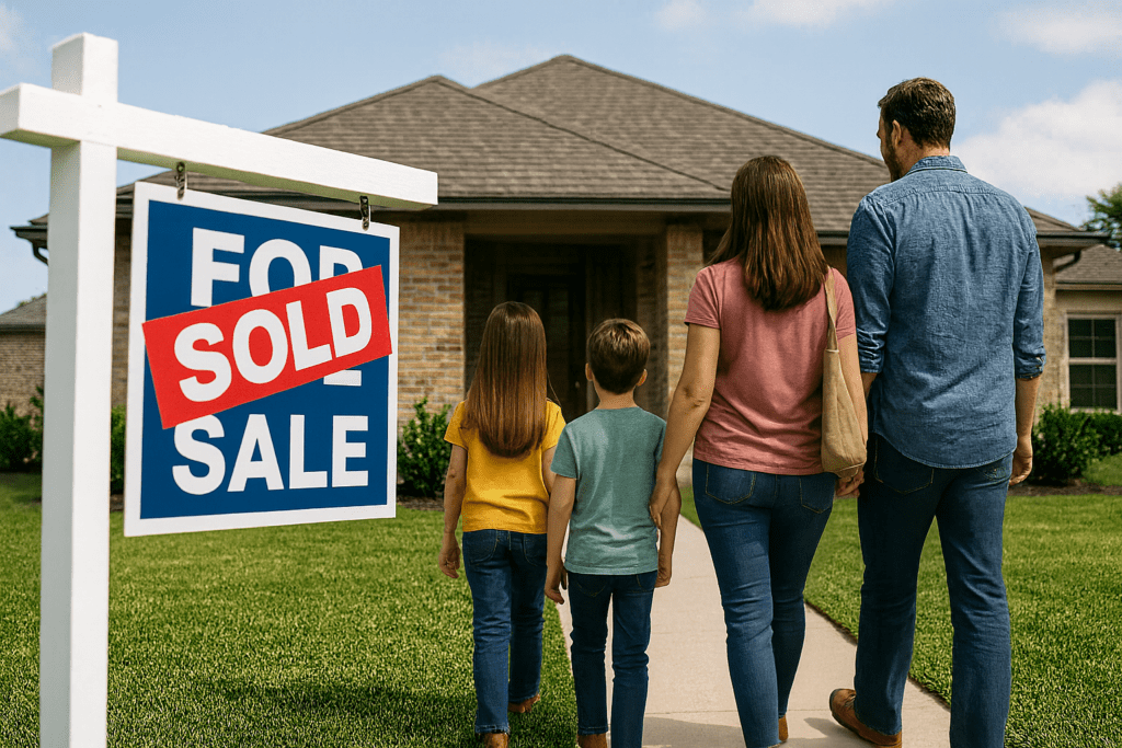 Family of four with a son and daughter walking toward their newly purchased home with a “Sold” sign, symbolizing relocating to a new place and starting a new chapter.