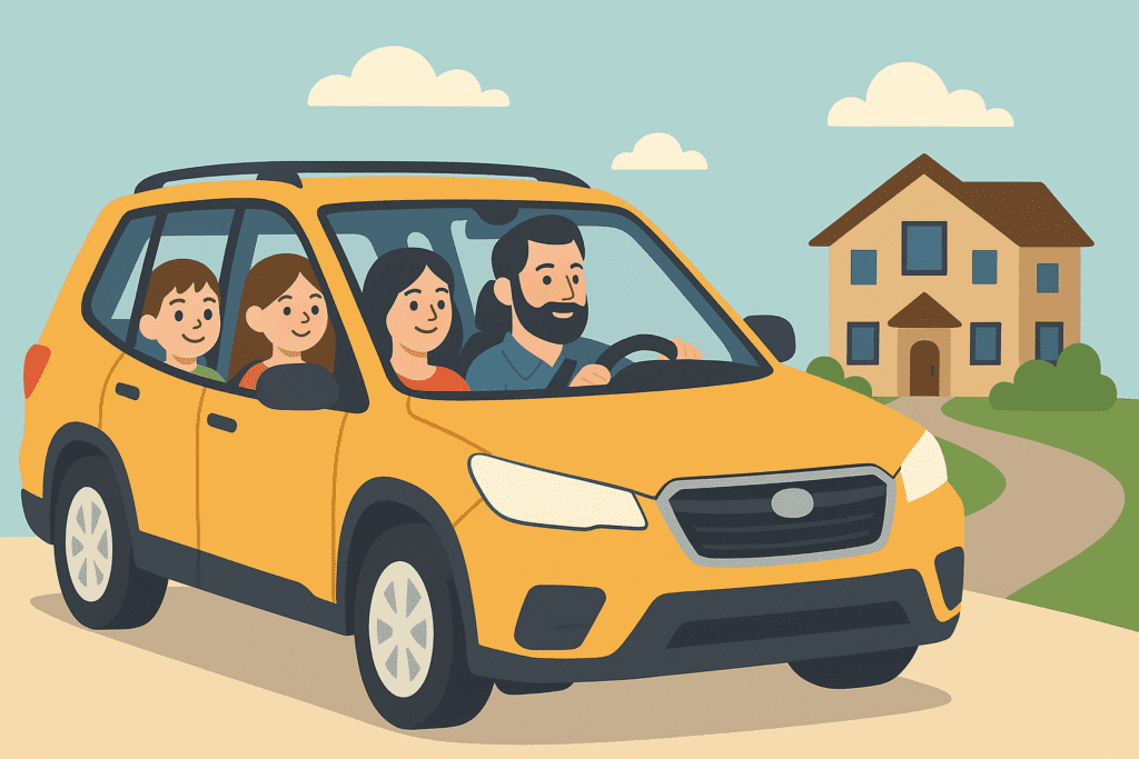 Family of four riding together in a car while traveling to look at a potential new home, illustrating the early stages of relocating to a new place.