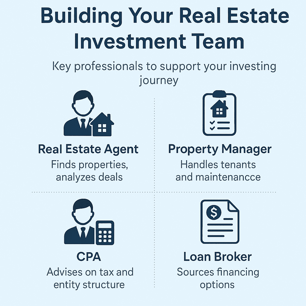 Infographic showing the core real estate investment team for Gen X investors: agent, property manager, CPA, and loan broker.