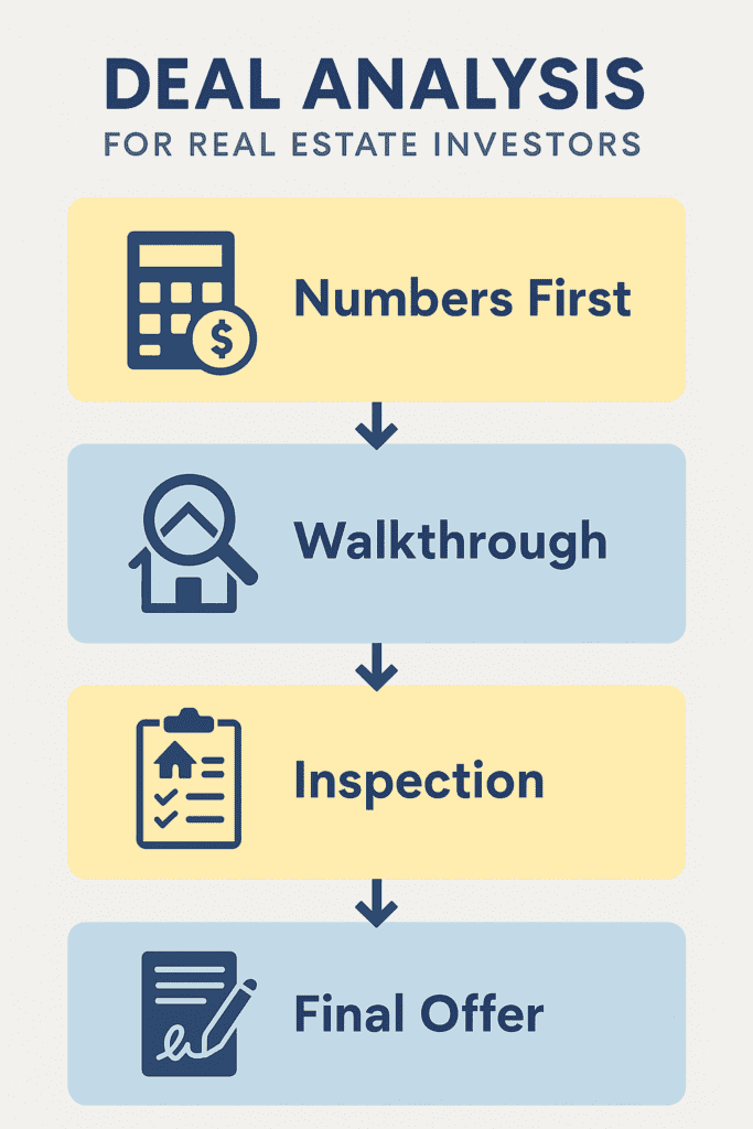 Deal analysis infographic showing the process: numbers first, walkthrough, inspection, and final offer.