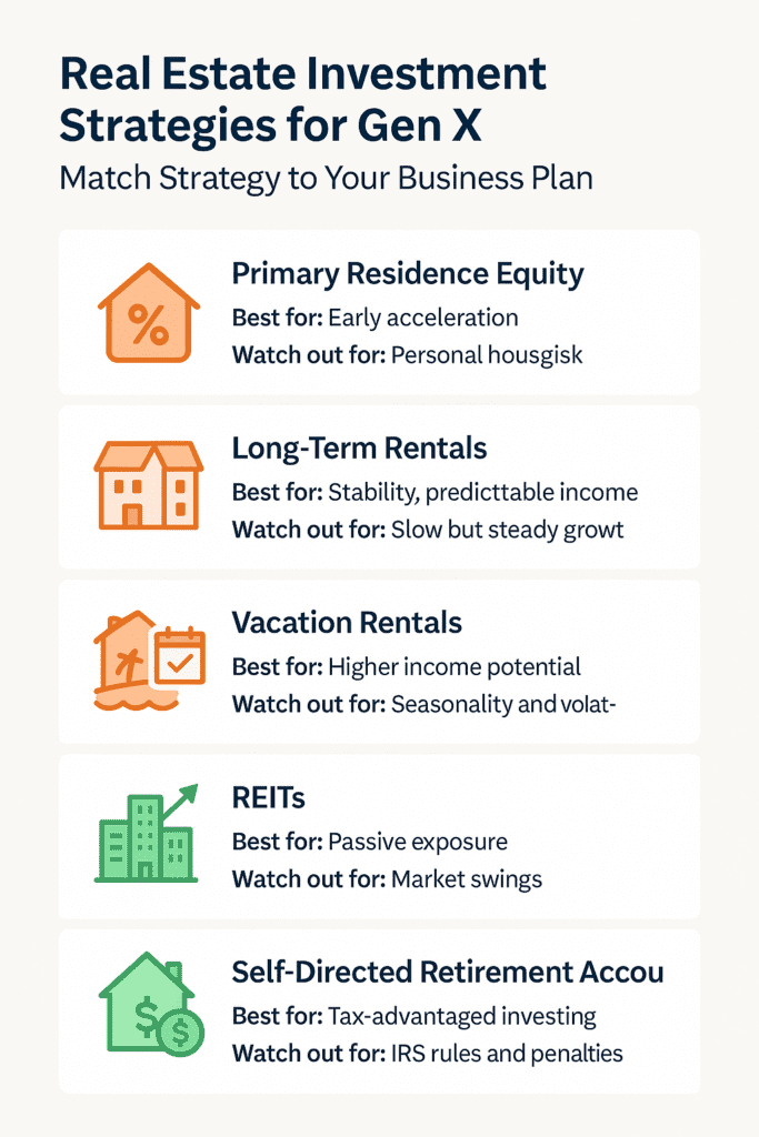 Infographic showing real estate investment strategies for Gen X and how they align with goals and time commitment.