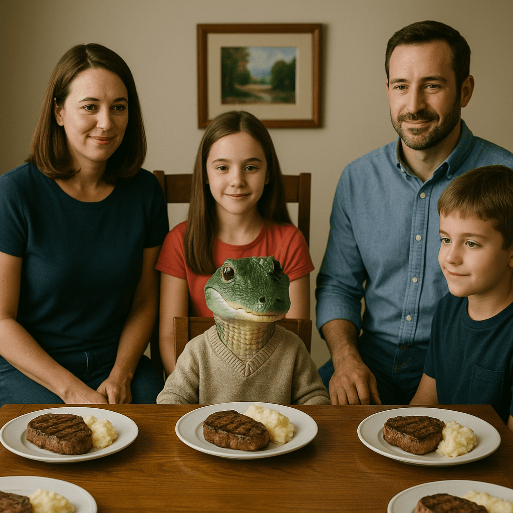 Photo-realistic image of a family of four seated at a rectangular dining table, with a child alligator dressed in clothing sitting at the head of the table. The parents sit on one side, the boy and girl on the opposite side, all looking toward the alligator. Each person has their own plate with steak and mashed potatoes, creating a warm, whimsical family dinner scene.