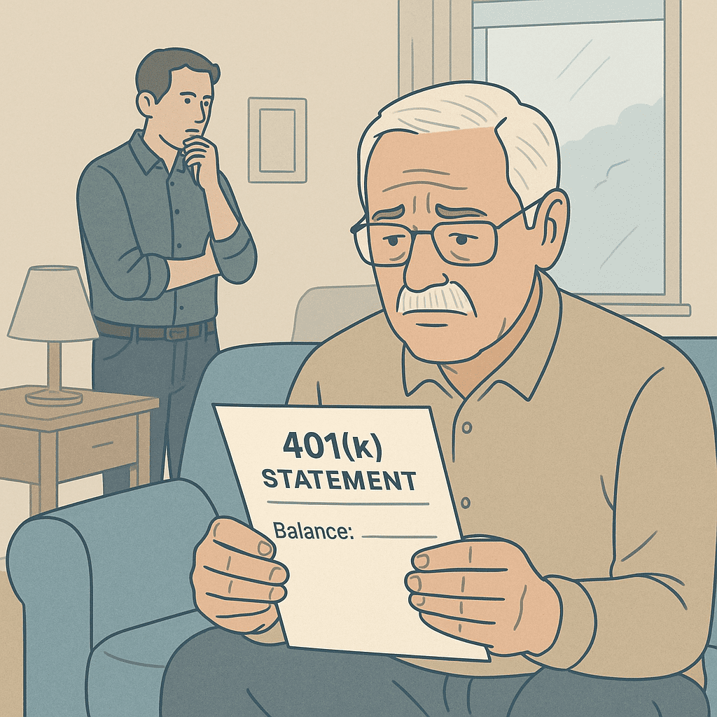 Illustration showing a retired man reviewing a 401(k) statement in the foreground with a younger Gen X version of himself in the background, symbolizing future consequences of early retirement withdrawals