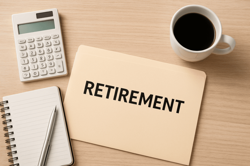 Retirement planning folder labeled “Retirement” on a desk with a calculator, notebook, pen, and coffee, representing organized financial preparation for retirement.