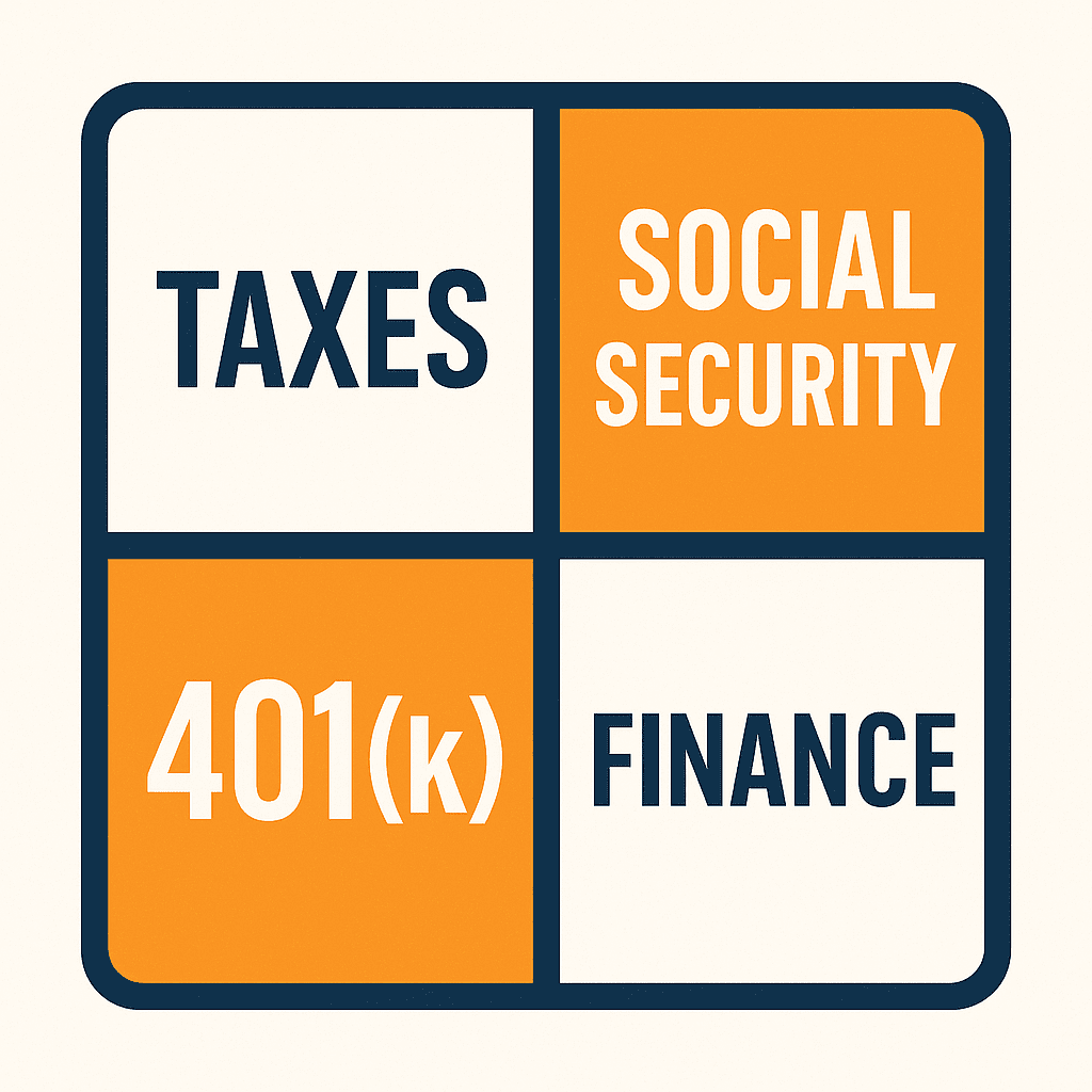 Square retirement planning icon divided into four sections labeled Taxes, Social Security, 401(k), and Finance, representing key retirement planning topics.