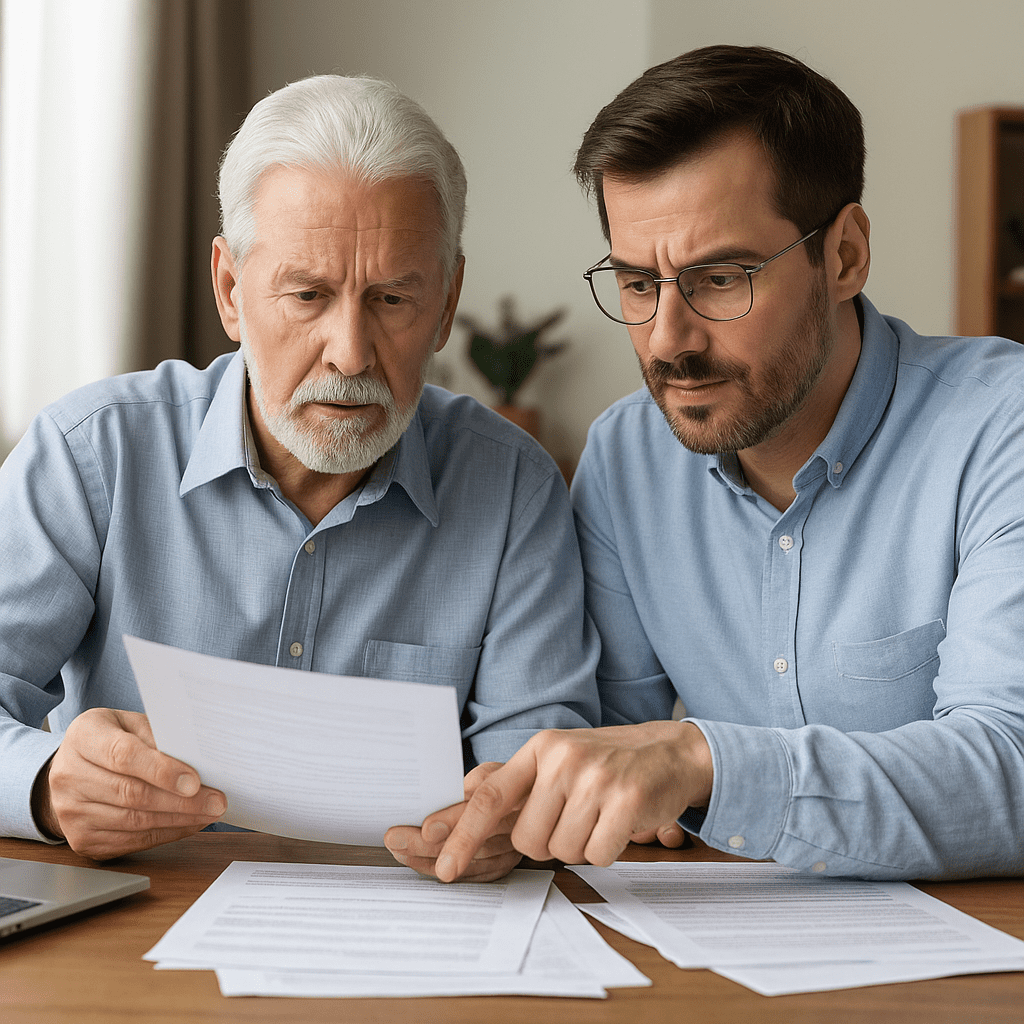 Photorealistic image of a retired father and his Gen X son sitting at a table reviewing retirement planning documents together.
