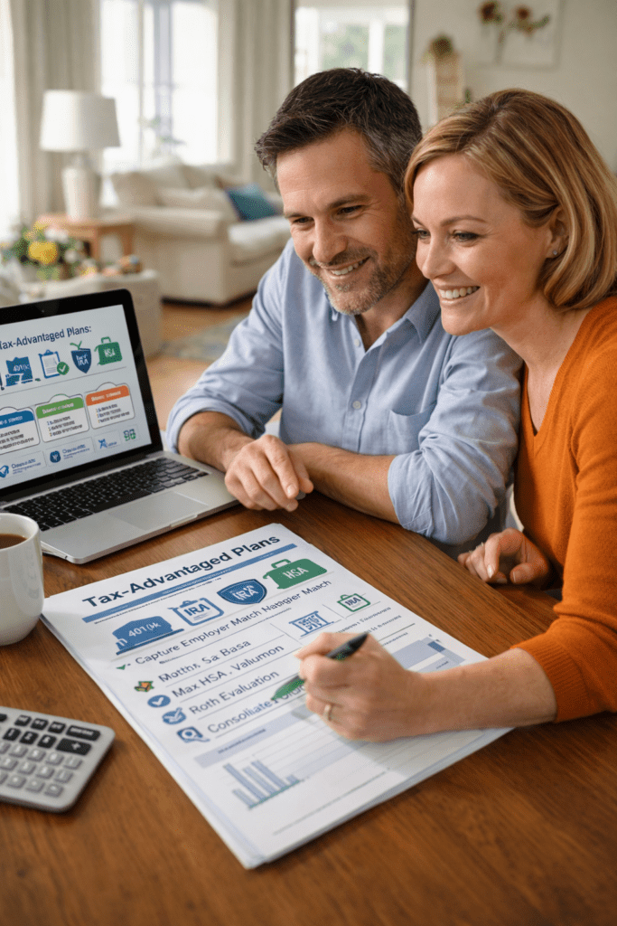 40-year-old husband and wife reviewing tax-advantaged retirement plans, including 401(k), IRA, Roth IRA, and HSA, while planning their long-term financial strategy at home.